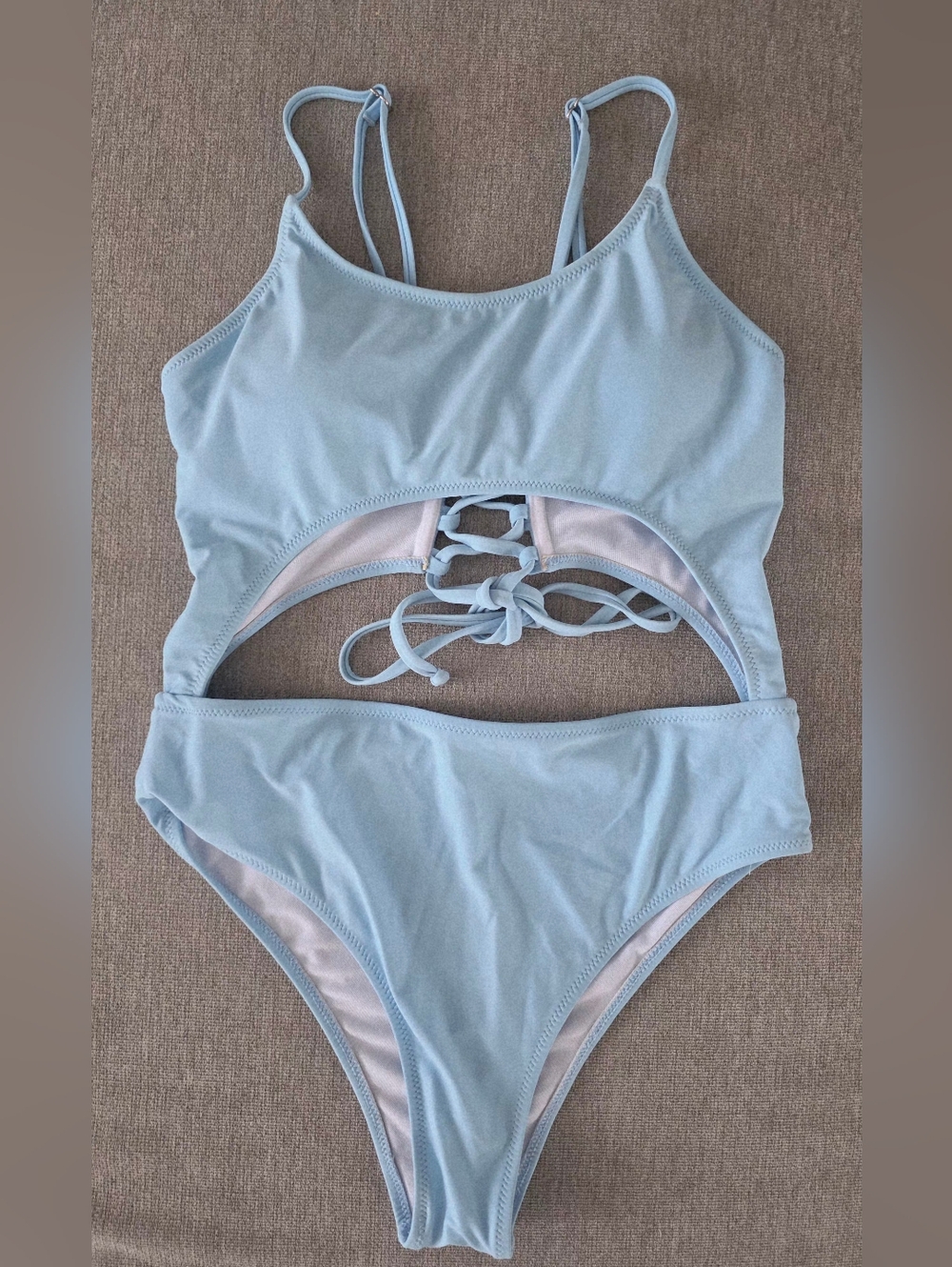 Light Blue Cutout One Piece Swimsuit Lace Up Back High Cut, Size L